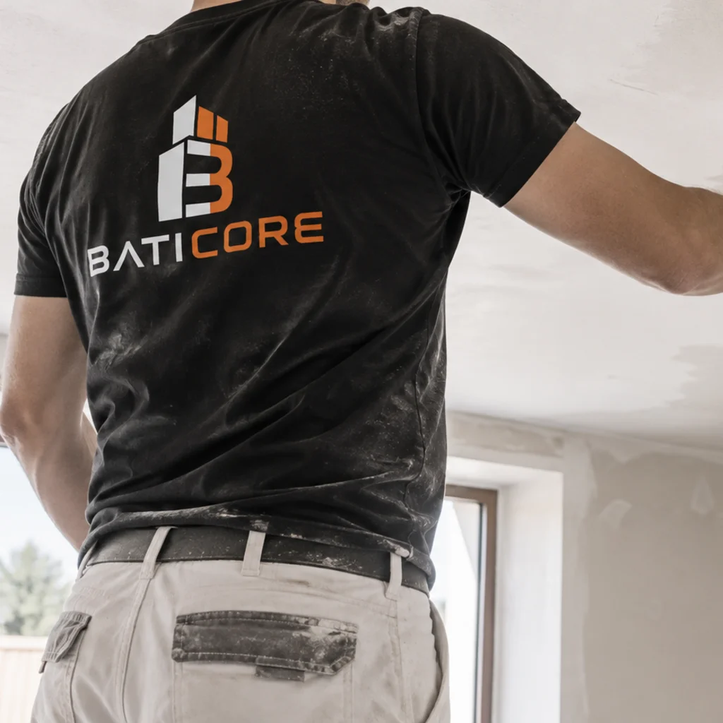 Artisan de l’équipe BatiCore au travail sur un chantier de plâtrerie