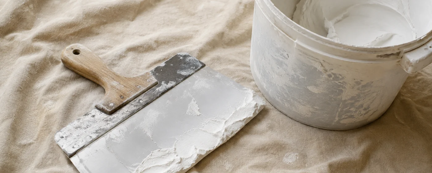 Couteau à enduire chargé d’enduit blanc posé près d’un seau, sur une bâche de peintre