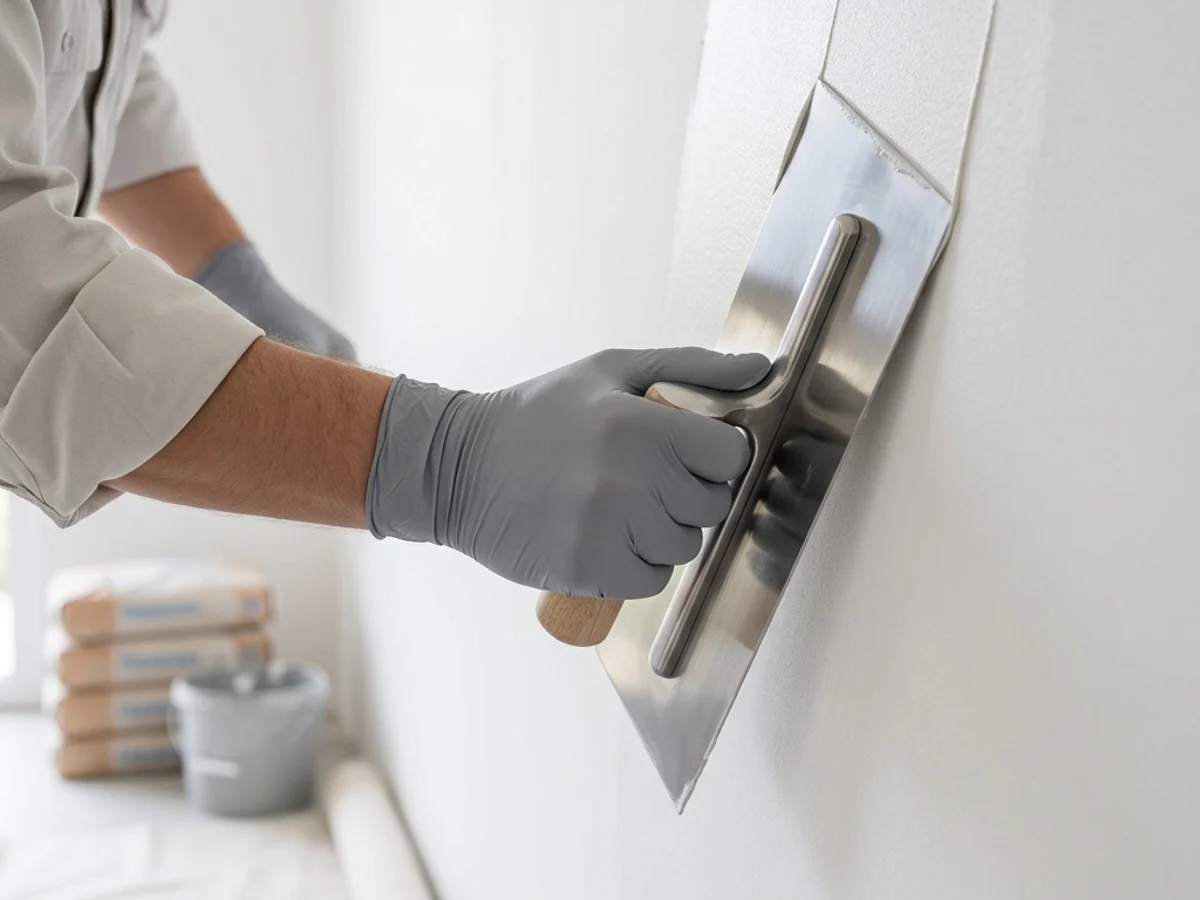 Application d’un enduit à la spatule sur un joint de plaque de plâtre
