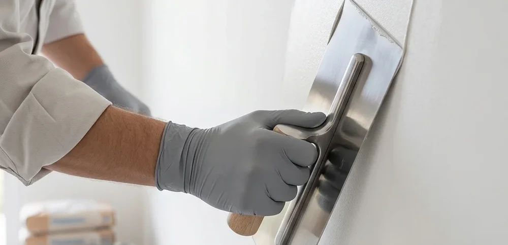 Plâtrier appliquant un enduit de lissage à la taloche sur un mur intérieur