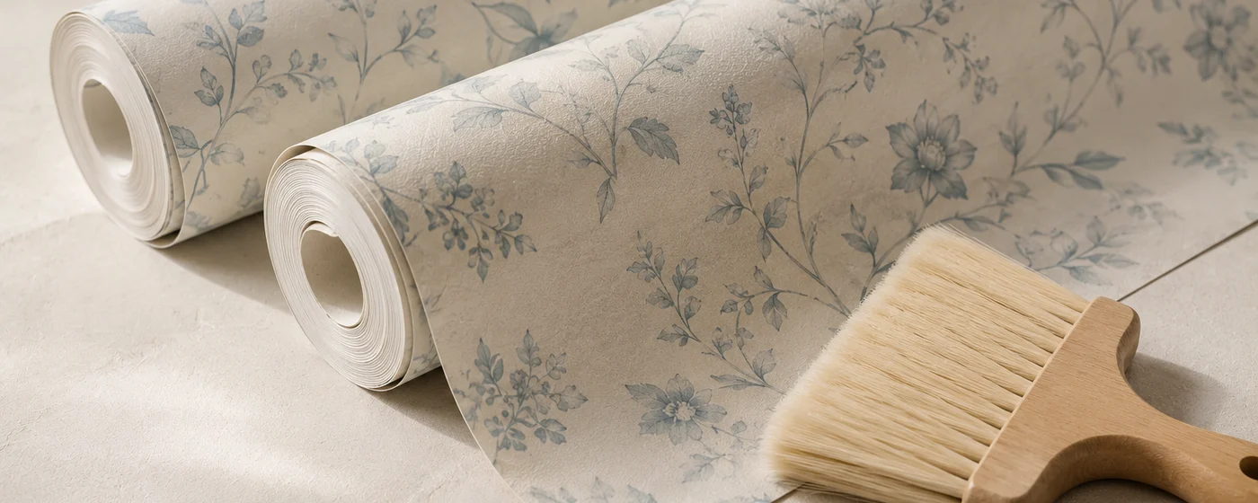 Rouleaux de papier peint à motif floral déroulés près d’une brosse à maroufler