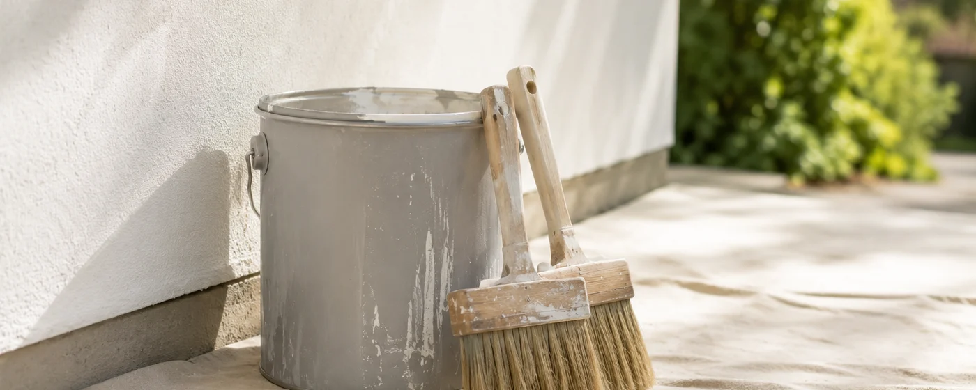 Pot de peinture de façade et brosse posés au pied d’un mur extérieur ensoleillé
