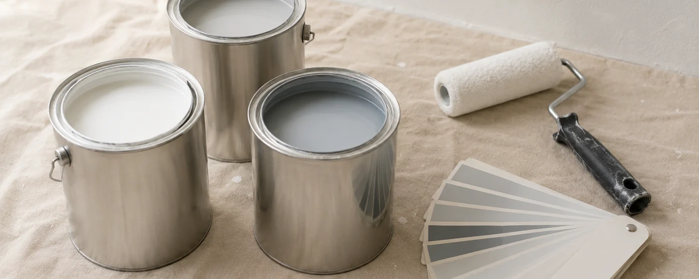 Trois pots de peinture intérieure, un rouleau et un nuancier de gris déployé