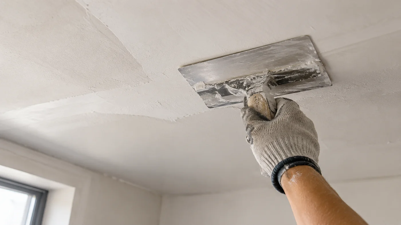 Plâtrier lissant un plafond à la taloche lors d’un chantier de plâtrerie