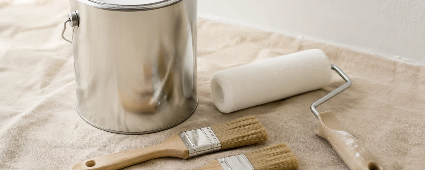 Pot de sous-couche ouvert, rouleau et pinceaux à rechampir posés sur une bâche
